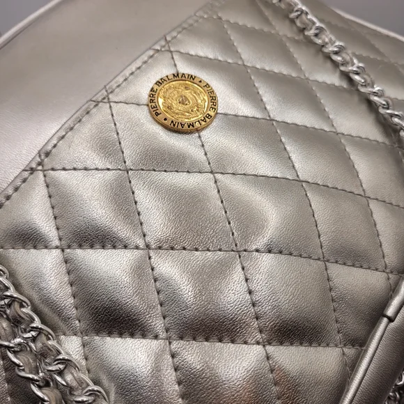 Balmain Silver Quilted Shoulder Bag with Chain Straps